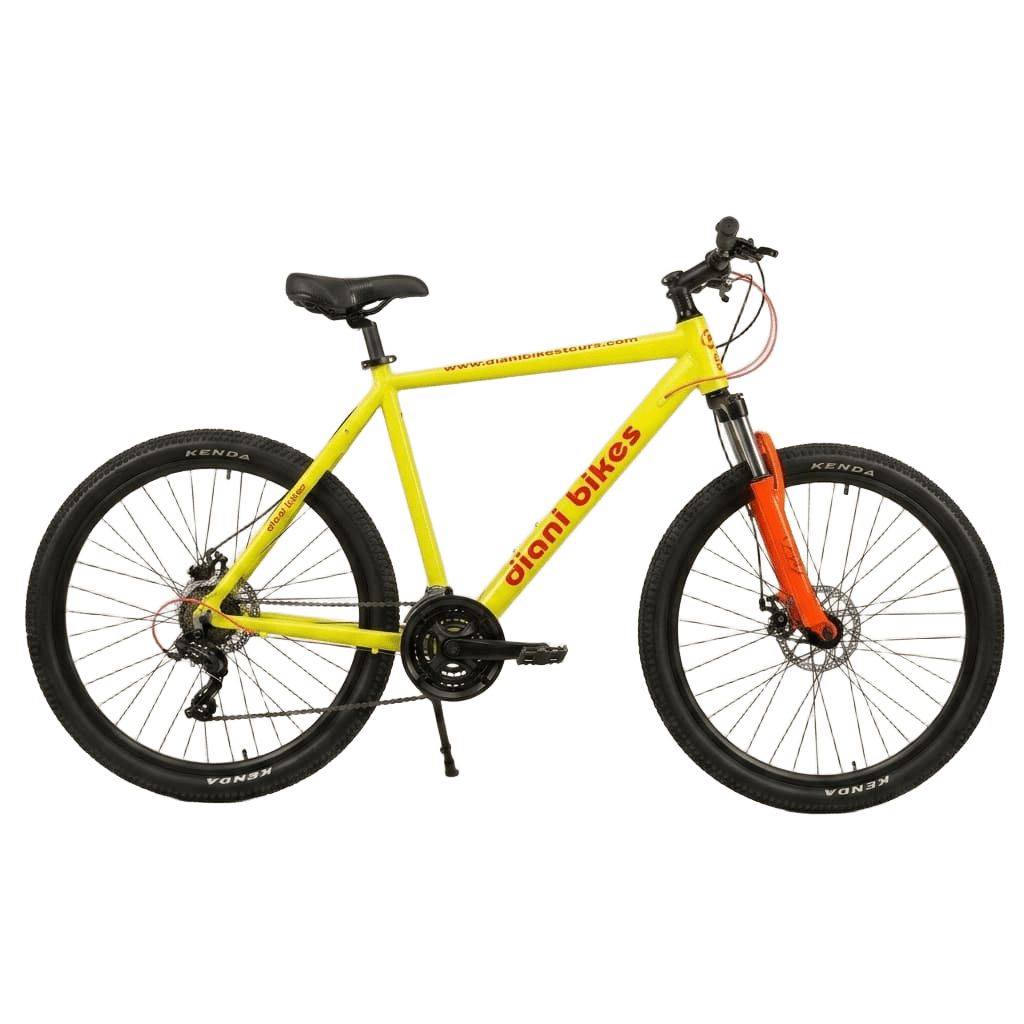 A yellow Diani Bikes mountain bike with orange forks, ready to rent